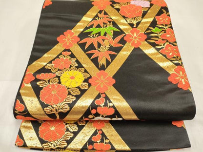 平和屋着物[]女の子　子供　全通柄袋帯　松竹梅　黒地　金糸　逸品　DABE7016ma