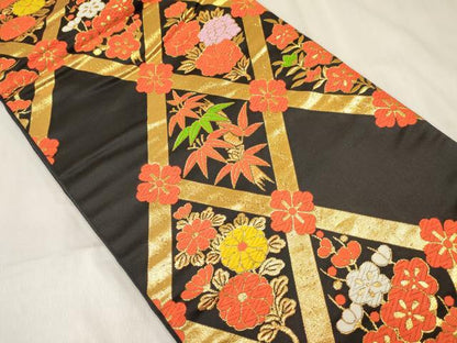 平和屋着物[]女の子　子供　全通柄袋帯　松竹梅　黒地　金糸　逸品　DABE7016ma