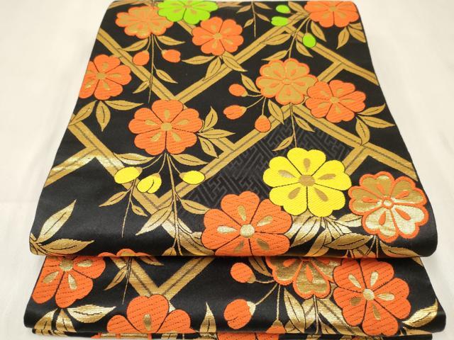 平和屋着物[]女の子 子供 全通柄袋帯 桧垣花文 黒地 金糸 逸品 DABE7019ma