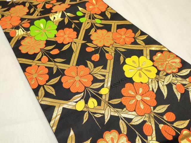 平和屋着物[]女の子　子供　全通柄袋帯　桧垣花文　黒地　金糸　逸品　DABE7019ma