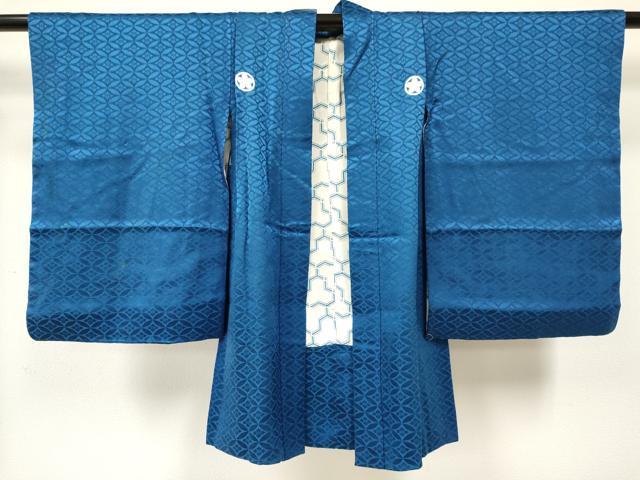 平和屋着物[]七五三　男の子　祝着(薄雲鼠色)・羽織(薄花色)・行灯袴セット　七宝花地紋　逸品　DABE7021ma