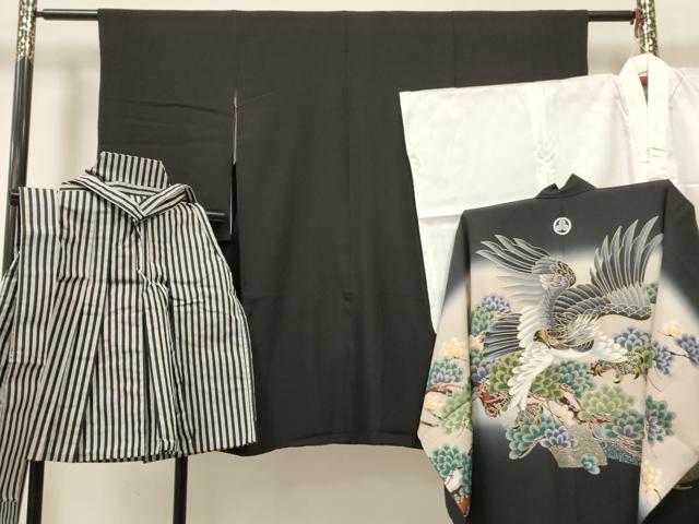 平和屋着物[]七五三　男の子　祝着・襦袢(単衣)・羽織・行灯袴セット　鷹　鷲　松文　暈し染め　金彩　逸品　DABE7022ma