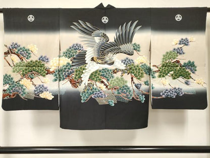 平和屋着物[]七五三　男の子　祝着・襦袢(単衣)・羽織・行灯袴セット　鷹　鷲　松文　暈し染め　金彩　逸品　DABE7022ma