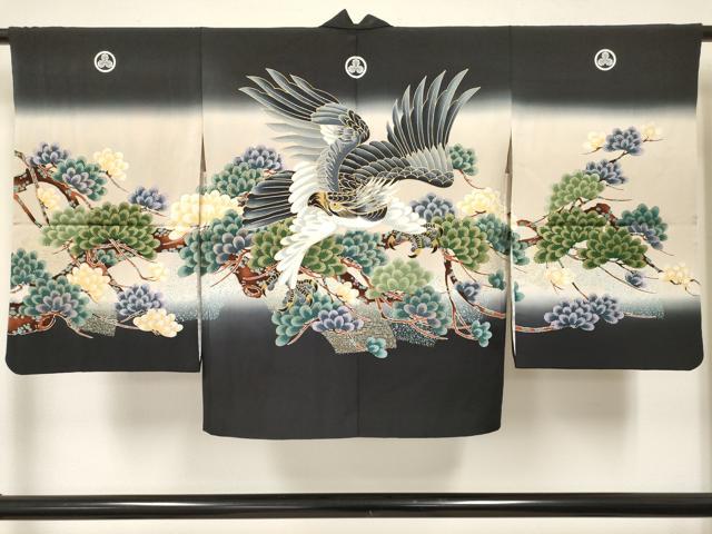 平和屋着物[]七五三　男の子　祝着・襦袢(単衣)・羽織・行灯袴セット　鷹　鷲　松文　暈し染め　金彩　逸品　DABE7022ma