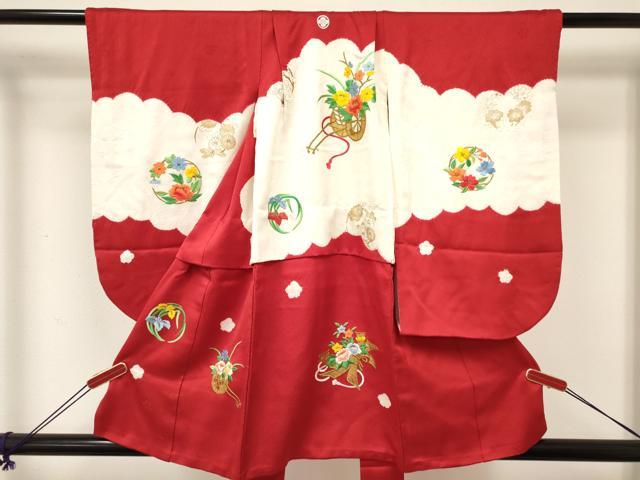 平和屋着物[]七五三　女の子　３歳　祝着　三つ身　長襦袢(袷・半衿刺繍)・被布セット　刺繍　絞り　花車文　金彩　逸品　DABE7023ma