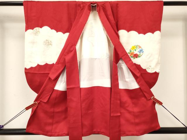 平和屋着物[]七五三　女の子　３歳　祝着　三つ身　長襦袢(袷・半衿刺繍)・被布セット　刺繍　絞り　花車文　金彩　逸品　DABE7023ma