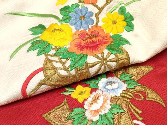 平和屋着物[]七五三　女の子　３歳　祝着　三つ身　長襦袢(袷・半衿刺繍)・被布セット　刺繍　絞り　花車文　金彩　逸品　DABE7023ma