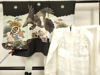 平和屋着物[]七五三　男の子　祝着・長襦袢(袷)セット　鷹　鷲　龍　兜　笹松文　暈し染め　金彩　逸品　DABE7025ma
