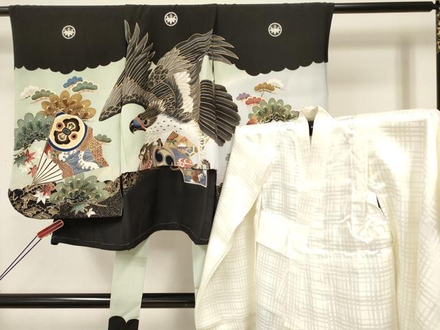 平和屋着物[]七五三　男の子　祝着・長襦袢(袷)セット　鷹　鷲　龍　兜　笹松文　暈し染め　金彩　逸品　DABE7025ma