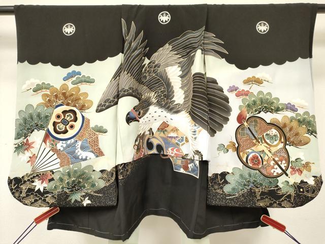 平和屋着物[]七五三　男の子　祝着・長襦袢(袷)セット　鷹　鷲　龍　兜　笹松文　暈し染め　金彩　逸品　DABE7025ma