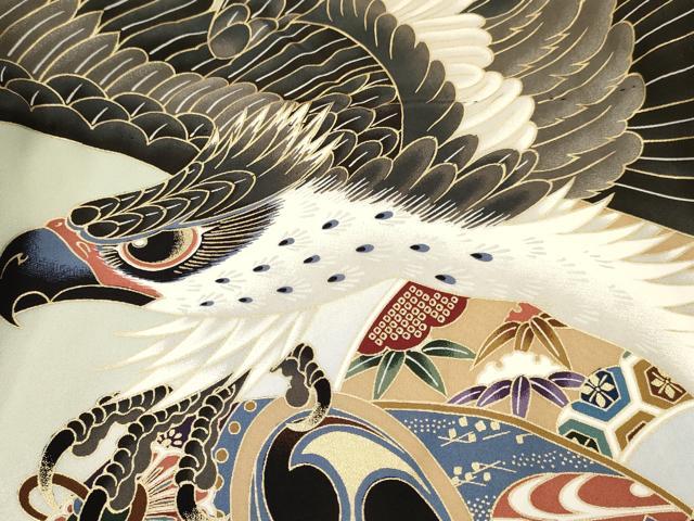 平和屋着物[]七五三　男の子　祝着・長襦袢(袷)セット　鷹　鷲　龍　兜　笹松文　暈し染め　金彩　逸品　DABE7025ma