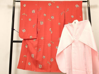 平和屋着物[]七五三　女の子　７歳　祝着　四つ身　襦袢(無双仕立て)セット　束ね熨斗鈴花文　逸品　DABE7027ma