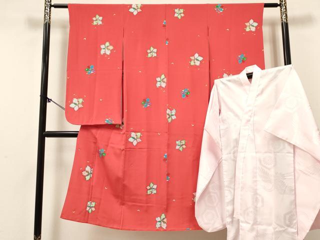 平和屋着物[]七五三　女の子　７歳　祝着　四つ身　襦袢(無双仕立て)セット　花蝶文　金彩　逸品　DABE7028ma