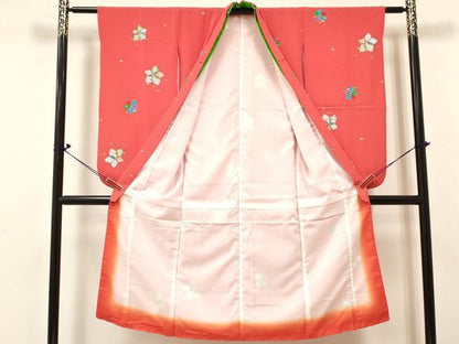 平和屋着物[]七五三　女の子　７歳　祝着　四つ身　襦袢(無双仕立て)セット　花蝶文　金彩　逸品　DABE7028ma