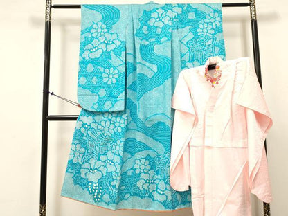 平和屋着物[]七五三　女の子　７歳　祝着　四つ身　長襦袢(無双仕立て・半衿刺繍)セット　総絞り　御所車花文　逸品　DABE7030ma