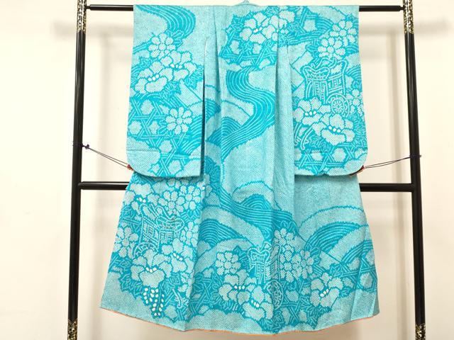 平和屋着物[]七五三　女の子　７歳　祝着　四つ身　長襦袢(無双仕立て・半衿刺繍)セット　総絞り　御所車花文　逸品　DABE7030ma