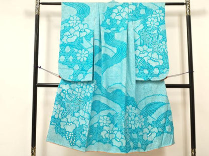 平和屋着物[]七五三 女の子 ７歳 祝着 四つ身 長襦袢(無双仕立て・半衿刺繍)セット 総絞り 御所車花文 逸品 DABE7030ma