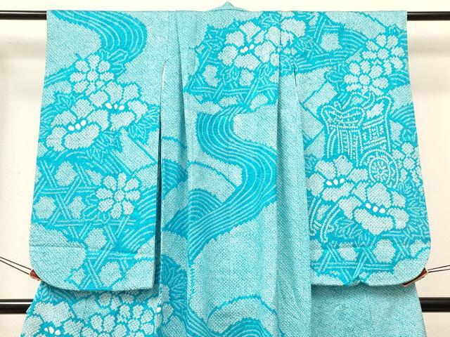 平和屋着物[]七五三　女の子　７歳　祝着　四つ身　長襦袢(無双仕立て・半衿刺繍)セット　総絞り　御所車花文　逸品　DABE7030ma