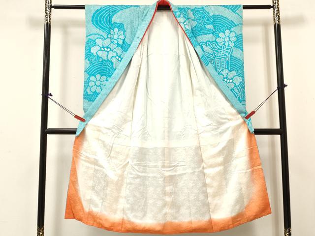 平和屋着物[]七五三　女の子　７歳　祝着　四つ身　長襦袢(無双仕立て・半衿刺繍)セット　総絞り　御所車花文　逸品　DABE7030ma