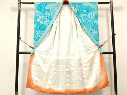 平和屋着物[]七五三 女の子 ７歳 祝着 四つ身 長襦袢(無双仕立て・半衿刺繍)セット 総絞り 御所車花文 逸品 DABE7030ma