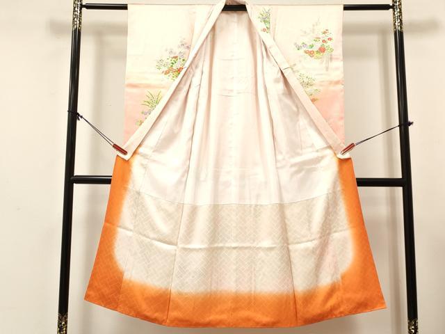 平和屋着物[]七五三　女の子　７歳　祝着　四つ身　長襦袢(袷・半衿刺繍)セット　花籠文　暈し染め　金糸　逸品　DABE7031ma