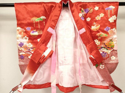 平和屋着物[]七五三　女の子　３歳　祝着　三つ身　襦袢付き　鈴花文　暈し染め　金彩　DABE7032ma