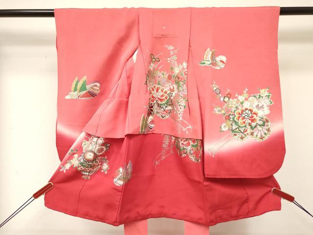 平和屋着物[]七五三　女の子　３歳　祝着　三つ身　鴛鴦花車文　暈し染め　金銀彩　逸品　DABE7033ma