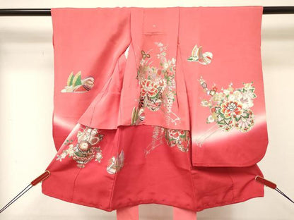 平和屋着物[]七五三 女の子 ３歳 祝着 三つ身 鴛鴦花車文 暈し染め 金銀彩 逸品 DABE7033ma