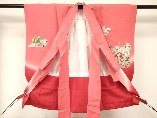 平和屋着物[]七五三　女の子　３歳　祝着　三つ身　鴛鴦花車文　暈し染め　金銀彩　逸品　DABE7033ma