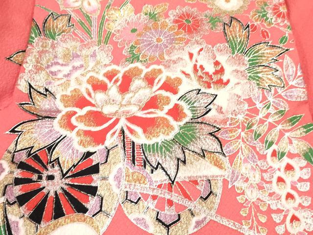 平和屋着物[]七五三　女の子　３歳　祝着　三つ身　鴛鴦花車文　暈し染め　金銀彩　逸品　DABE7033ma