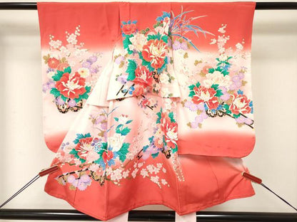 平和屋着物[]七五三　女の子　３歳　祝着　三つ身　駒刺繍　牡丹花車文　暈し染め　金彩　逸品　DABE7034ma