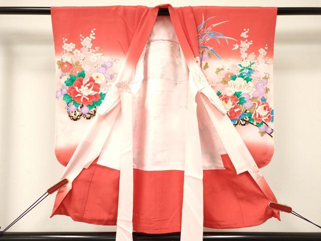 平和屋着物[]七五三　女の子　３歳　祝着　三つ身　駒刺繍　牡丹花車文　暈し染め　金彩　逸品　DABE7034ma