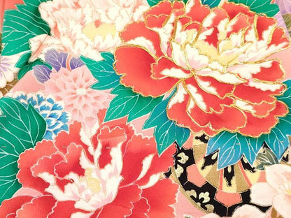 平和屋着物[]七五三　女の子　３歳　祝着　三つ身　駒刺繍　牡丹花車文　暈し染め　金彩　逸品　DABE7034ma