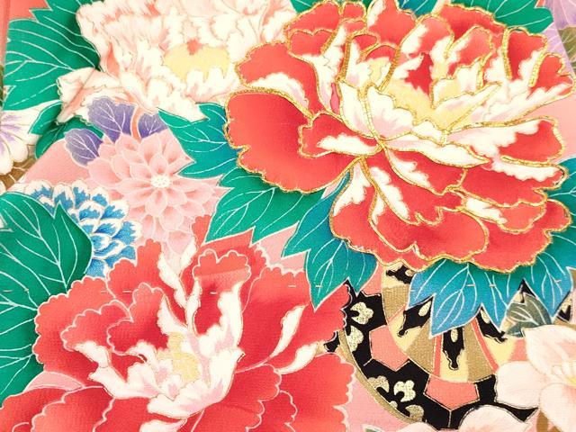 平和屋着物[]七五三　女の子　３歳　祝着　三つ身　駒刺繍　牡丹花車文　暈し染め　金彩　逸品　DABE7034ma