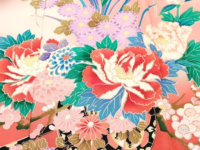 平和屋着物[]七五三　女の子　３歳　祝着　三つ身　駒刺繍　牡丹花車文　暈し染め　金彩　逸品　DABE7034ma