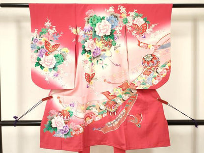 平和屋着物[]七五三　女の子　３歳　祝着　三つ身　舞蝶飛鶴鞠花文　暈し染め　金銀彩　逸品　DABE7035ma