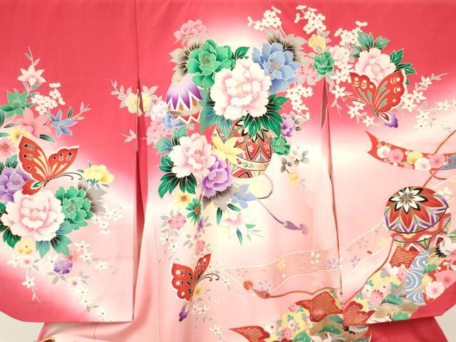 平和屋着物[]七五三　女の子　３歳　祝着　三つ身　舞蝶飛鶴鞠花文　暈し染め　金銀彩　逸品　DABE7035ma