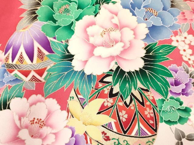 平和屋着物[]七五三　女の子　３歳　祝着　三つ身　舞蝶飛鶴鞠花文　暈し染め　金銀彩　逸品　DABE7035ma