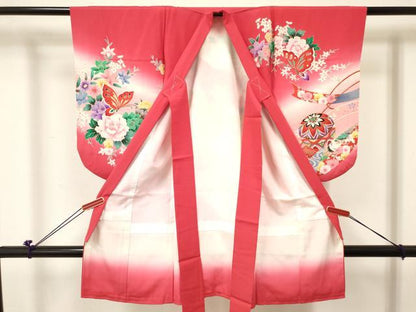 平和屋着物[]七五三　女の子　３歳　祝着　三つ身　舞蝶飛鶴鞠花文　暈し染め　金銀彩　逸品　DABE7035ma