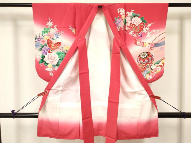 平和屋着物[]七五三　女の子　３歳　祝着　三つ身　舞蝶飛鶴鞠花文　暈し染め　金銀彩　逸品　DABE7035ma