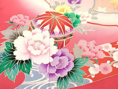 平和屋着物[]七五三　女の子　３歳　祝着　三つ身　舞蝶飛鶴鞠花文　暈し染め　金銀彩　逸品　DABE7035ma