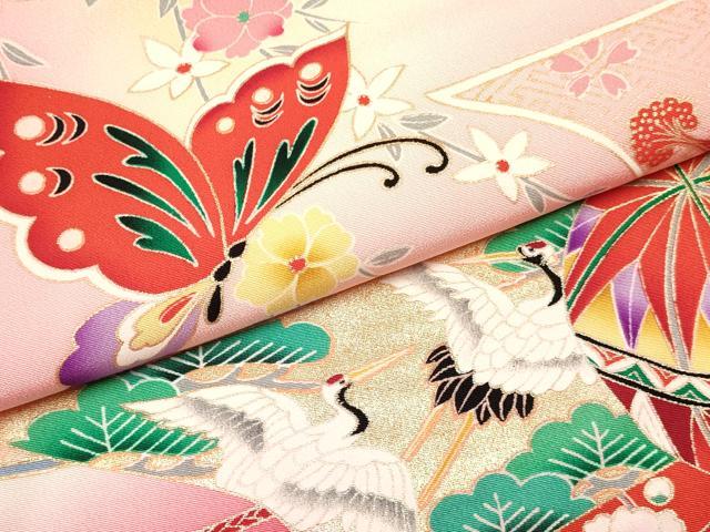 平和屋着物[]七五三　女の子　３歳　祝着　三つ身　舞蝶飛鶴鞠花文　暈し染め　金銀彩　逸品　DABE7035ma