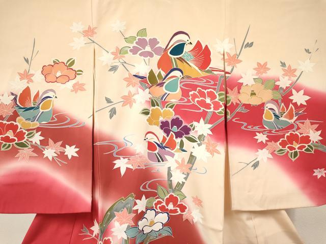 平和屋着物[]七五三　女の子　３歳　祝着　三つ身　竜田川　鴛鴦枝椿文　暈し染め　金彩　逸品　DABE7036ma
