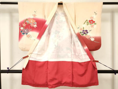 平和屋着物[]七五三　女の子　３歳　祝着　三つ身　竜田川　鴛鴦枝椿文　暈し染め　金彩　逸品　DABE7036ma