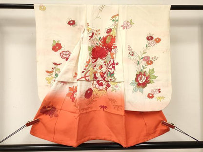 平和屋着物[]七五三　女の子　３歳　祝着　三つ身　刺繍　乱菊　花車文　暈し染め　金彩　逸品　DABE7038ma