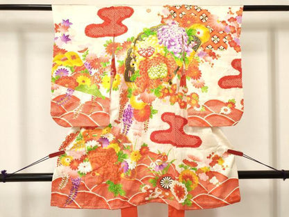 平和屋着物[]七五三　女の子　３歳　祝着　三つ身　駒刺繍　絞り　乱菊　檜扇花文　金彩　逸品　DABE7039ma