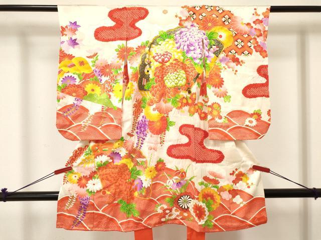 平和屋着物[]七五三　女の子　３歳　祝着　三つ身　駒刺繍　絞り　乱菊　檜扇花文　金彩　逸品　DABE7039ma
