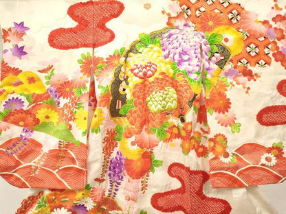 平和屋着物[]七五三　女の子　３歳　祝着　三つ身　駒刺繍　絞り　乱菊　檜扇花文　金彩　逸品　DABE7039ma