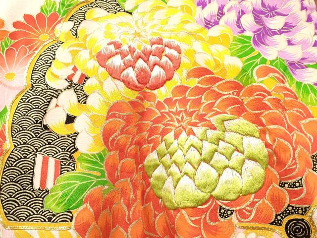平和屋着物[]七五三　女の子　３歳　祝着　三つ身　駒刺繍　絞り　乱菊　檜扇花文　金彩　逸品　DABE7039ma