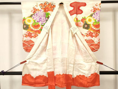 平和屋着物[]七五三　女の子　３歳　祝着　三つ身　駒刺繍　絞り　乱菊　檜扇花文　金彩　逸品　DABE7039ma